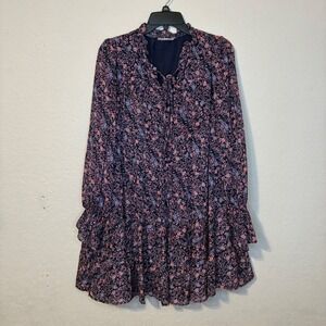 Melloday Women's Navy Floral Boho Flirty Cottage Tie Neck Ruffle Dress Size L